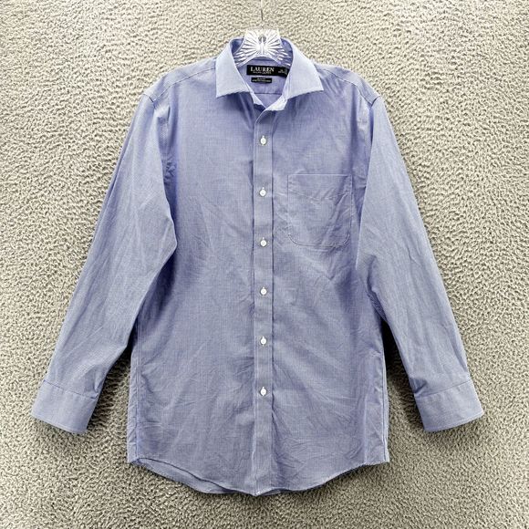 Ralph Lauren Shirt‎ Adult 15 32/33 Blue Gingham Slim Stretch Black Label 90s Men - Picture 1 of 11